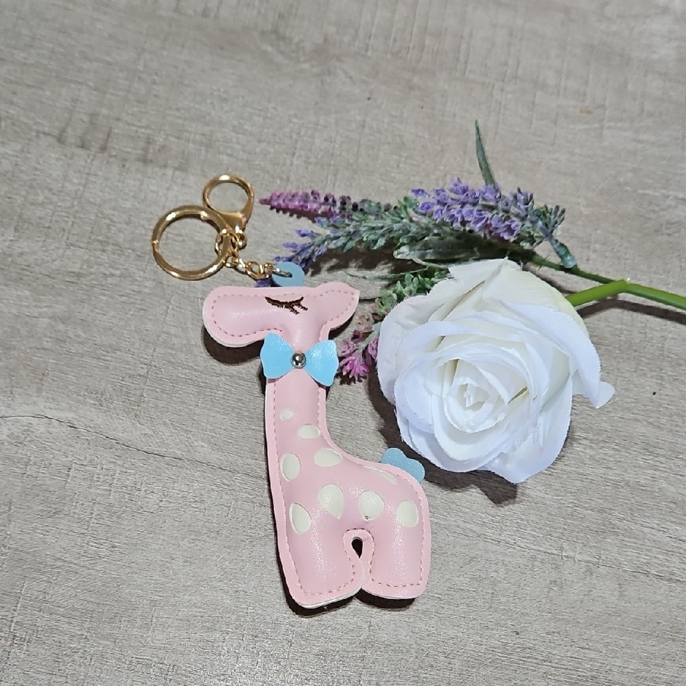 Pink 🎁 Giraffe Vegan Leather Key Ring Bag Charm with Gold Color Accents